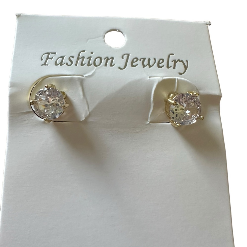 14K Gold Plated Round Diamond Zircon Stud Earrings - Picture 4 of 6